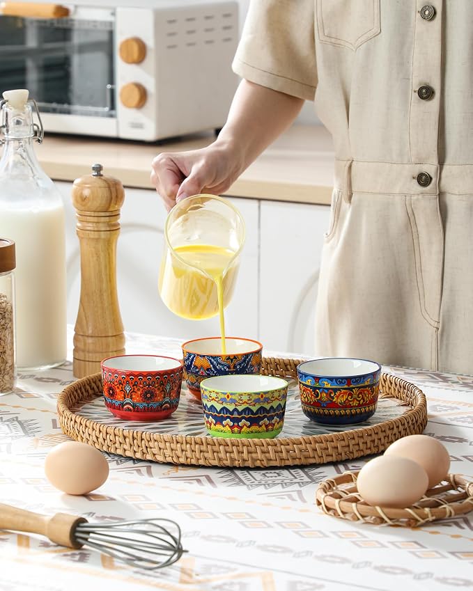 vancasso Ramekins 4 oz Oven Safe, Bohemian Style Creme Brulee Ramekin for Baking, Porcelain Souffle Dishes, Pudding Custard Cups Set of 6 Dipping Sauce Bowls Small Ramiken Bowls for Ice Cream