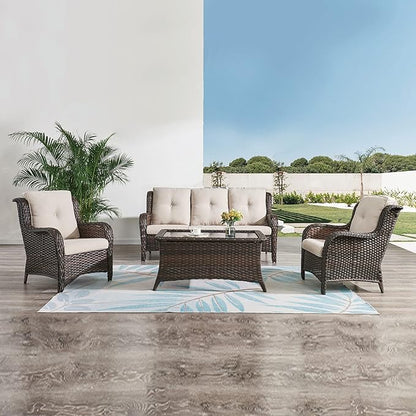HUMMUH Outdoor Furniture 4 Pieces Patio Furniture Set Wicker Outdoor Sectional Sofa with 2 Patio Chairs,Coffee Table(Grey/Grey)