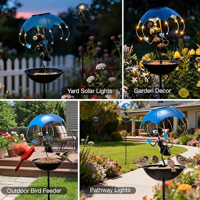 Solar Bird Feeders for Outdoors, Ants Garden Decor, Decorative Wildbird Cardinals Hummingbirds Feeders Lights with Stand, Gifts for Women Mom Outside Yard Path Lawn Omaments Decoration