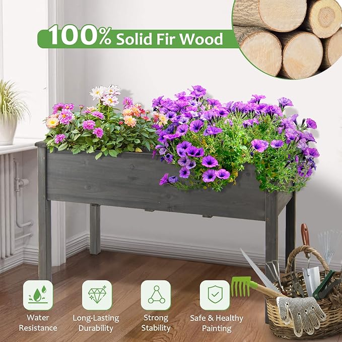 S AFSTAR Raised Garden Bed, Elevated Wooden Planter Box, 48”L x 22”W x 30”H, Outdoor Gardening Planting Bed for Vegetables, Flowers & Herbs Grow, Great for Backyard, Patio, Lawn (Gray)