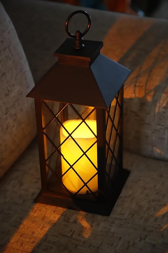 YAKii 13" Decorative Candle Lantern with LED Flameless Candle and Timer, Plastic LED Candle & Holder, Indoor & Outdoor Hanging Lights Thanksgiving &Christmas Day Decorations (Black)