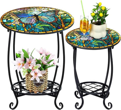 Cinnvoice 2 Pcs Outdoor Side Table Small Patio Round Mosaic Accent End Table Indoor Plant Metal Coffee Tea Tables for Patio Yard Porch Garden Living Room(10" and 16",Butterfly Style)