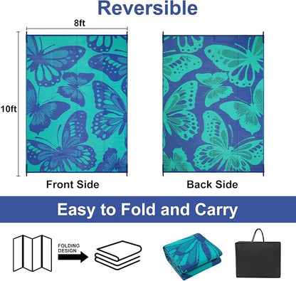 Anidaroel Butterfly Patio Rugs Outdoor 8X10 Waterproof, Reversible Plastic Straw Outside Area Rug, RV Outdoor Mat for Under Awning, Pool Deck, Picnic, Porch (Purple&Green,8‘X10')