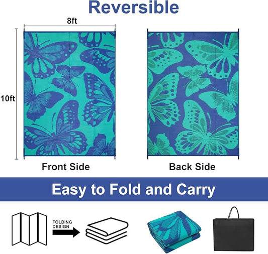 Anidaroel Butterfly Patio Rugs Outdoor 8X10 Waterproof, Reversible Plastic Straw Outside Area Rug, RV Outdoor Mat for Under Awning, Pool Deck, Picnic, Porch (Purple&Green,8‘X10')