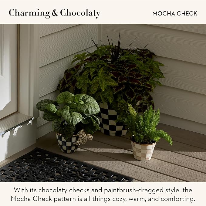 MACKENZIE-CHILDS Pot Climber, Outdoor Planter Hanging Decor, Brown-and-White Mocha Check Squirrel