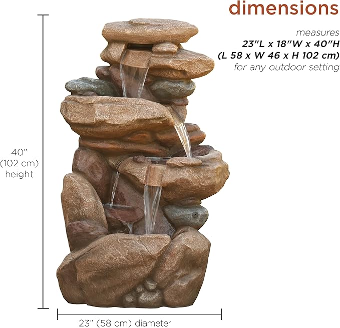 Alpine Corporation WIN315 40" Floor Fountain – Tiered Brown Rock Water Feature with Color-Changing LED & Remote – Cascading Streams for a Tranquil Garden, Patio, Yard, Deck, or Porch, Light Brown