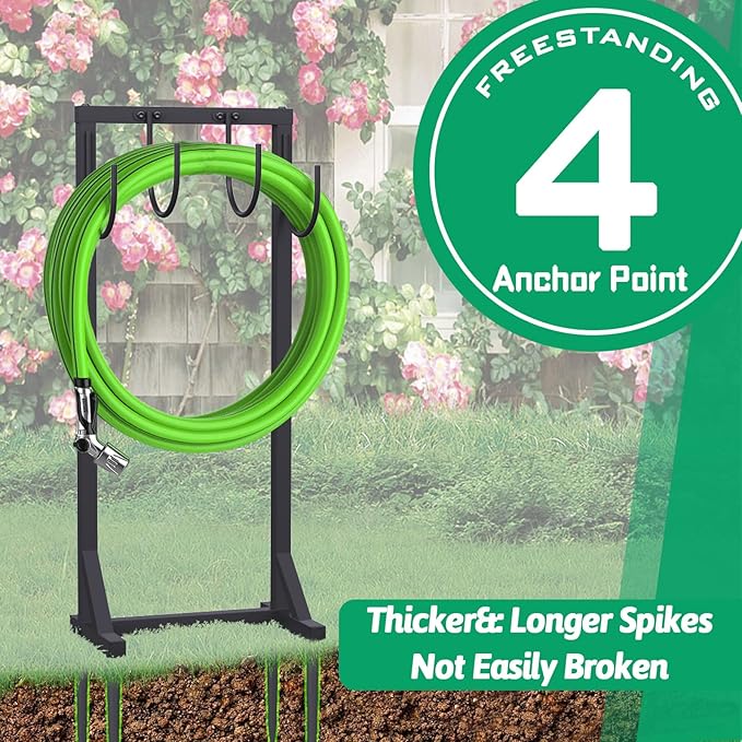 Heavy Duty Garden Hose Holder – 4-Hook Outdoor Water Hose Holder with 4 Reinforcing Spikes, Durable Hose Holder Organizer for Yard & Lawn