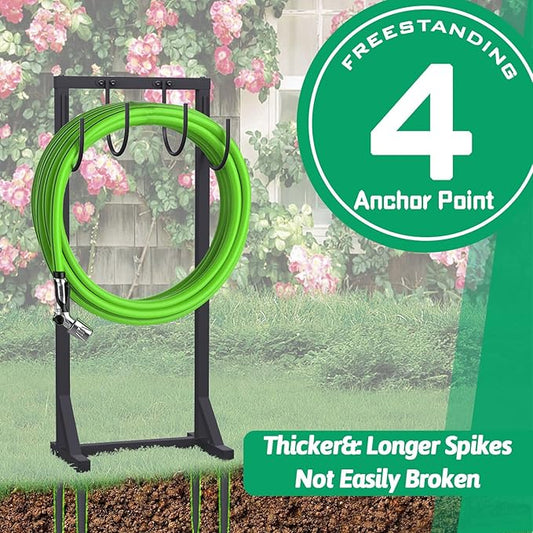 Heavy Duty Garden Hose Holder – 4-Hook Outdoor Water Hose Holder with 4 Reinforcing Spikes, Durable Hose Holder Organizer for Yard & Lawn
