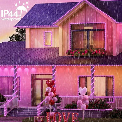 YEGUO Solar Christmas Lights Outdoor Waterproof, 2 Packs Each 33ft 100 LED Rope Lights, 8 Modes Fairy String Lights in Clear Thin Tube for Camping Fence Patio Garden Trampoline Deck(Pink)