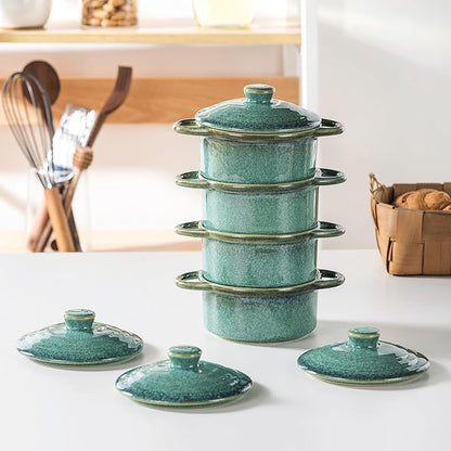 12 oz Mini Cocotte Set of 4, Ceramic Casserole Dishes with Lids & Handles | Reactive Glaze, Individual Baking & Serving, Ideal for Pot Pies, French Onion Soup, Casseroles & Baked Pasta, Oven Safe