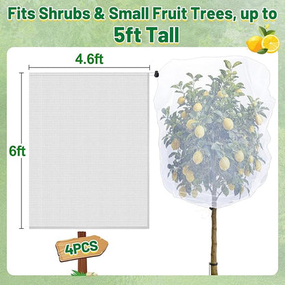 4 Pack Insect Bird Netting Cover - 4.6x6FT Garden Netting Blueberry Bushes Plant Covers with Drawstring, Fine Mesh Net for Protecting Lemon Orange Large Fruit Tree from Barrier Squirrel Deer