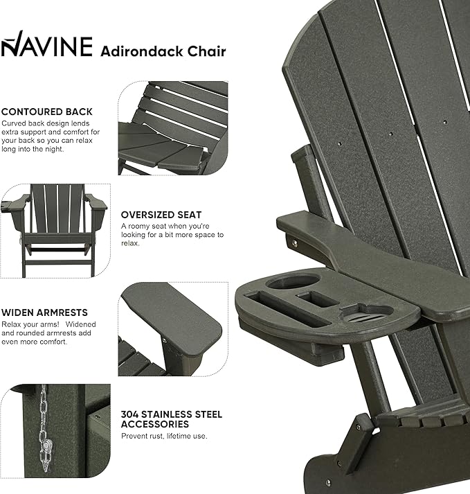 Adirondack Chair, HDPE Folding Adirondack Chair with Multifunctional Cup Holder, Weather Resistant Fire Pit Chair for porches, patios, patios, poolsides, Decks.