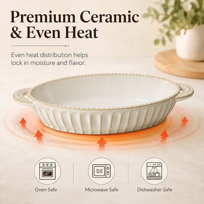 Casserole Dish for Oven, Ceramic Baking Dishes Set, Oval Hobnail Bakeware Set of 3, 9.25"/12.28"/14.37" Baking Dishes with Handle, Deep Lasagna Pan for Roasting, Holiday Dinner, Wedding Gifts, Arctic White