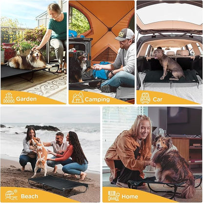 CANINE CANYON Folding Raised Dog Cot, Large Outdoor Elevated Dog Bed, Cooling Chew Proof Pet Cots Bed, Portable, Heavy Duty Up to 160 lbs, Pet Cot for Camping, Home, Black, 43"x27"x7"