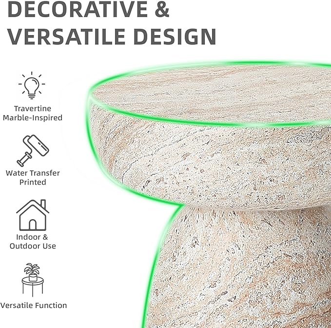 Side Table, 24''H Faux Travertine Look Accent Coffee Table, Durable Lightweight Patio Decorative Modern End Table, Weatherproof Indoor Outdoor Garden Stool for Living Room Balcony