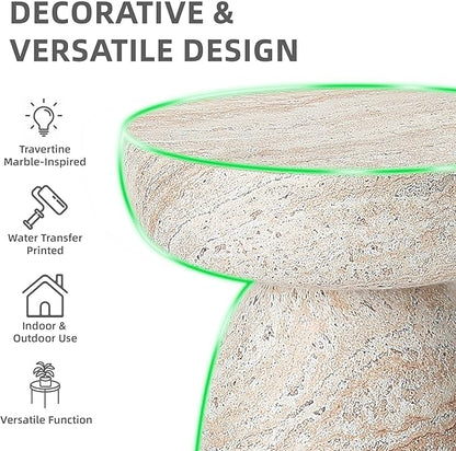 Side Table, 24''H Faux Travertine Look Accent Coffee Table, Durable Lightweight Patio Decorative Modern End Table, Weatherproof Indoor Outdoor Garden Stool for Living Room Balcony