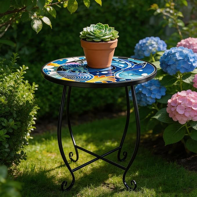 15 Inch Jellyfish Mosaic Side Table (1 PC) - Small Outdoor Round Folding Table with Weather-Resistant Metal Frame, Coastal Accent End Table for Patio, Garden, Balcony, Backyard