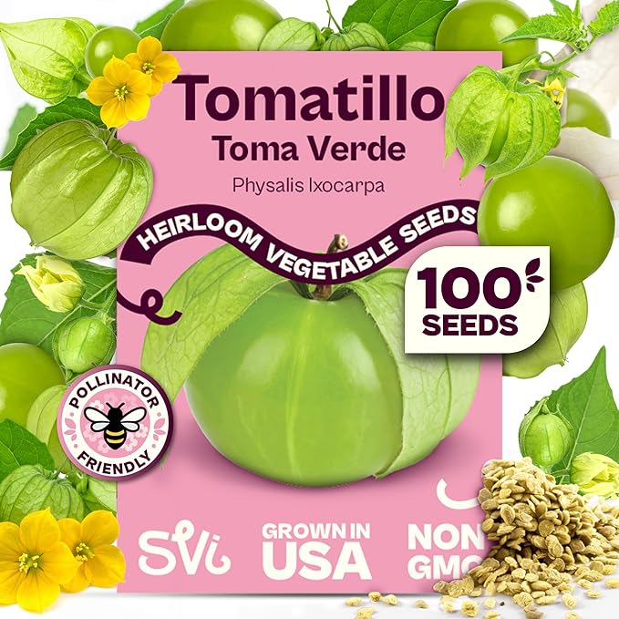 SVI 100 Toma Verde Tomatillo Seeds for Planting (Physalis ixocarpa) – Mexican Tomatillo Salsa Verde Favorite, Prolific 2–4oz Tomatillos – Heirloom Vegetable Seeds for Outdoor & Indoor Garden