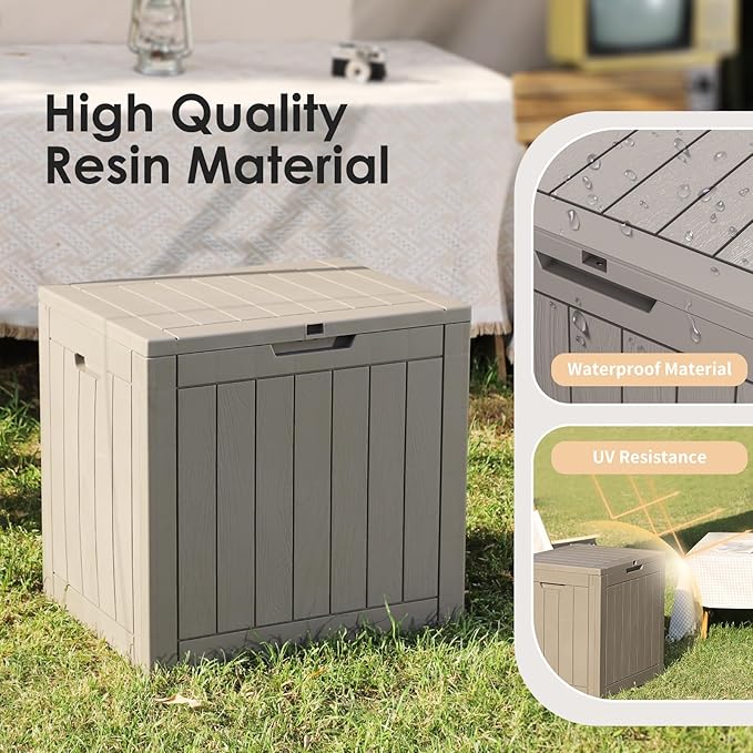 30 Gallon Deck Box, Waterproof Resin Outdoor Storage Box Lockable for Patio Furniture, Fade Resistant Patio Side Table & Organizer for Garden Tools, Pool Floats, Outdoor Cushions, Light Coffee