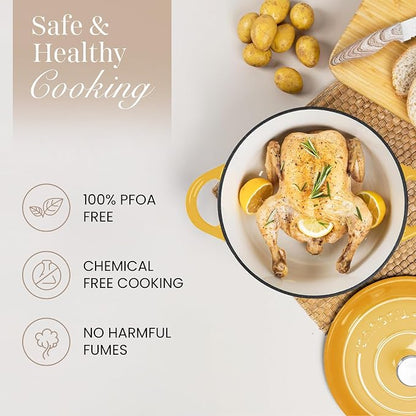 Nuovva Enamelled Cast Iron Dutch Oven Pot with Lid 6.4 Quart Non Stick Casserole Pot-Heavy Duty & Oven Safe up to 500° F for Bread Baking, Braising, Stews, Roasting - 28cm Yellow