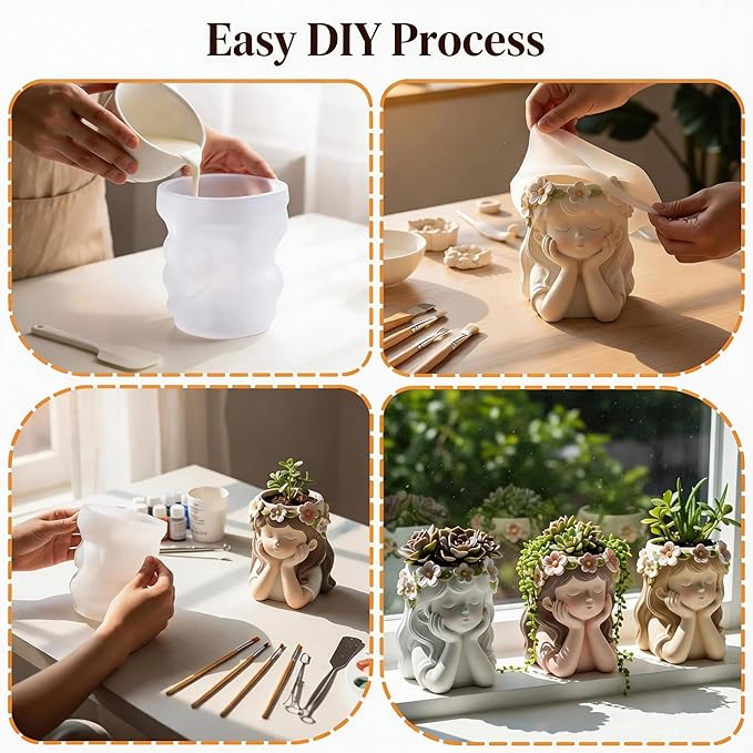 1Pc Cute Girl Resin Casting Mold 3D Flower Crown Head Silicone Mold for Epoxy Succulents Planter Pen Holder Candle Making Concrete DIY Craft Home Decor Handmade Gifts Easy Demold