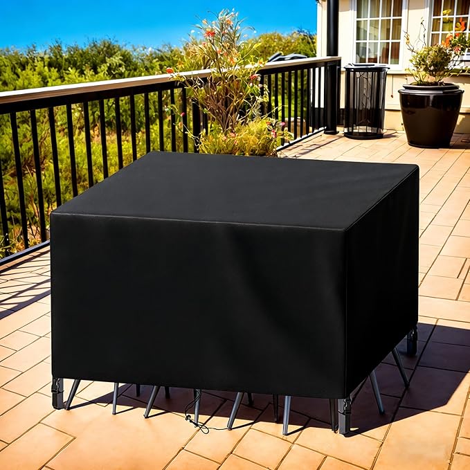 Patio Furniture Cover Rectangle 116"(L) x 56"(W) x 28"(H), Custom Heavy Duty 420D Waterproof Outdoor Cover with Drawstring & Buckles for Table Chair Garden, Black