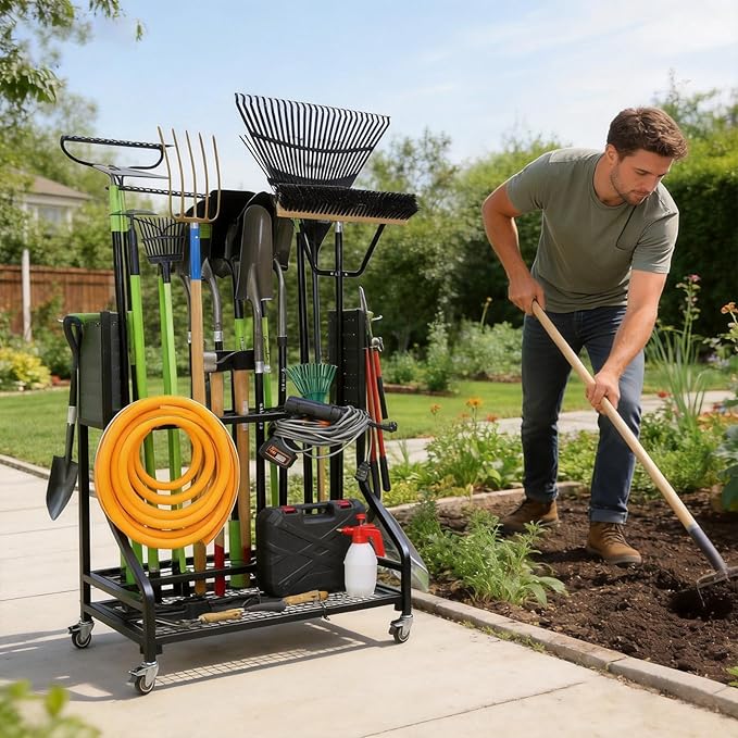 KYLIN Heavy Duty Garden Tool Organizer Rack on Wheels, 450 lbs Capacity with 4 Locking TPR Wheels, 55 lbs 0.059'' Steel Frame Mobile Garage Storage - No Nuts,No Bolts - Easy Assembly Utility Cart