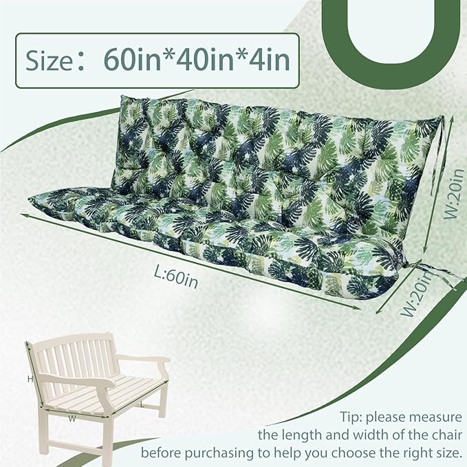 2/3 Seater Swing Replacement Cushion, Waterproof Porch Swing Cushions with Backrest, Thickened Bench Cushions for Outdoor Furniture, for Outdoor Patio Swing (Palm Leaves, 60 * 40 in)