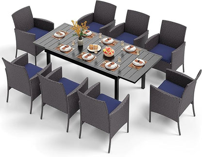PHI VILLA 9 Piece Outdoor Dining Table Set for 8, Expandable Rectangular Metal Dining Table and Cushioned Rattan Chairs Furniture for Patio, Deck, Porch, Backyard