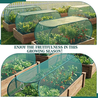 4 Pcs 35'' x 14'' x 16'' Pop up Garden Mesh Plant Cover Outdoor Plant Protector Garden Row Raised Bed Cover with Ground Nails Crop Cage Net for Seedlings Vegetable Fruit Herbs (Dark Green)