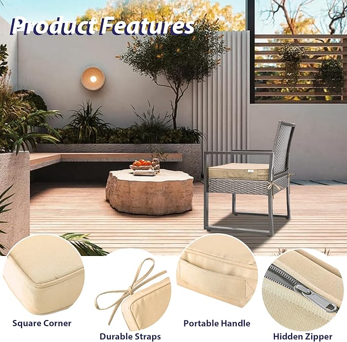 Outdoor Chair Cushions Set of 4 -Waterproof Outdoor Seat Cushions for Patio Furniture, Patio Chair Cushion with Handle and Ties, Square Out Door Chair Pads,18.5" x 16" x 3", Beige