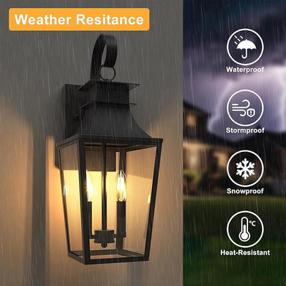 𝟐𝟎.𝟗𝟖-𝐈𝐍𝐂𝐇 Outdoor Wall Lights 2-Light, Waterproof Exterior Light Fixtures Wall Mount Outside Light with Glass, Dusk to Dawn Outdoor Wall Lantern for Porch, House, Garage, Black