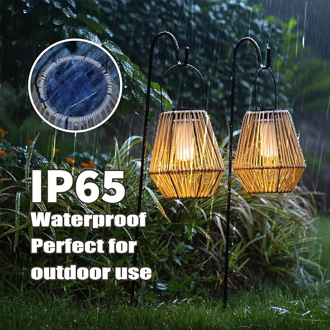 YAKii 2 Pack Solar Flame Lantern Hanging Waterproof Outdoor Handmade Solar Lamp with Dancing Flickering Flame Plastic Rattan Bohemian Style Decoration for Garden Yard Patio Porch Trees Pathway Decor
