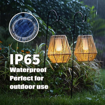 YAKii 2 Pack Solar Flame Lantern Hanging Waterproof Outdoor Handmade Solar Lamp with Dancing Flickering Flame Plastic Rattan Bohemian Style Decoration for Garden Yard Patio Porch Trees Pathway Decor