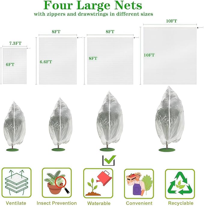 Drawstring & Zipper Fruit Tree Netting Cover - 1 Pack 10×10Ft - Reusable Bird Netting for Blueberry Bushes, Anti-Cicada/Deer/Squirrel Large Plant Protection Net