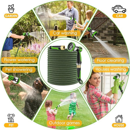 Non-Expandable Garden Hose 100 FT, Lightweight Hose with 10 Function Spray Nozzle, Kink-Free Flexible Water Hose, Durable, Leak-Proof, 360° Swivel Connectors, Portable Storage Strap