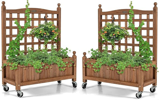 Giantex Set of 2 Mobile Plant Raised Bed, Wood Planter with Lattice Trellis and Wheels, Flower Box for Plant Climbing, Vertical Garden for Balcony Patio Yard, 25"x 11"x 32.5"
