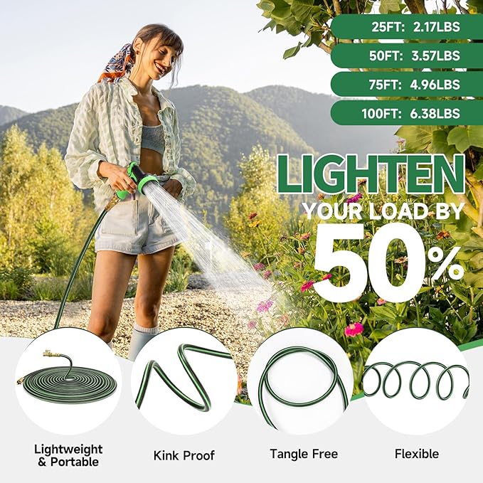 Garden Hose 100 ft Non-expandable Water Hose Flexible Durable 5 Layers TPV No Kink Lightweight Hybrid Hoses Heavy Duty with 3/4’’ Fittings-10 Way Nozzle Collapsible Outdoor Pipe for Yard Lawn
