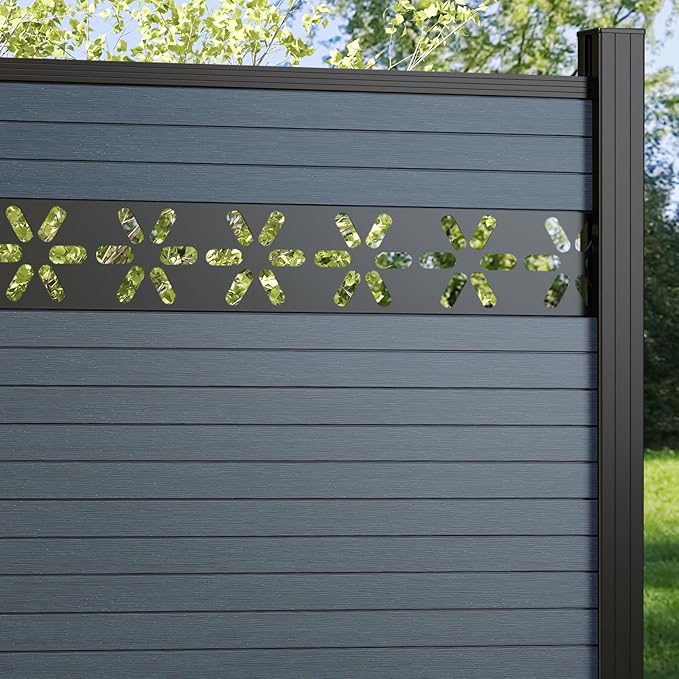6 Feet×6 Feet Privacy Fence, Outdoor Wood Plastic Composite Fence Panel, Waterproof Security Barriers Fencing, WPC (Gray, Floral (1 Panel - 1 Post))