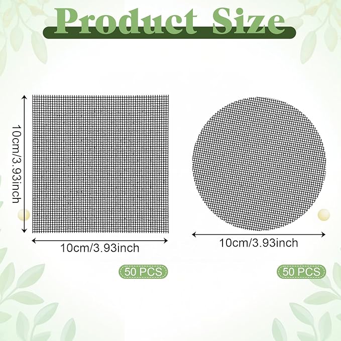 JJUNW 100Pcs Bonsai Pot Meshs Pad, 4 inch Round&Square Flower Pot Hole Mesh, Drainage Mesh Hole Screens Durable Reusable Bonsai Bottom Grid Mat Gardening Essentials