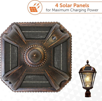 Gama Sonic Outdoor Solar Post Light, Brushed Bronze Finish Aluminum, Royal Bulb, Clear Rain Glass, 3-inch Fitter for Lamp Posts 98B112 (Upgraded Panel and Battery)