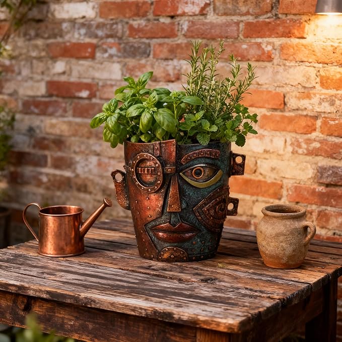 Abstract Face Planter Pot, Hand-Painted Resin Flower Pot with Top Opening for Planting, Decorative Planter for Indoor Plants, Art Accent Flowerpot Decor