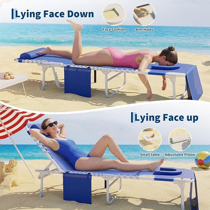 5-Position Adjustable Folding Beach Chaise Lounge Chair with Face Hole & Detachable Side Table, Portable Reclining Sun Tanning Lounger, Pool Chair with Storage Pocket & Shoulder Carry Strap, Max 330L