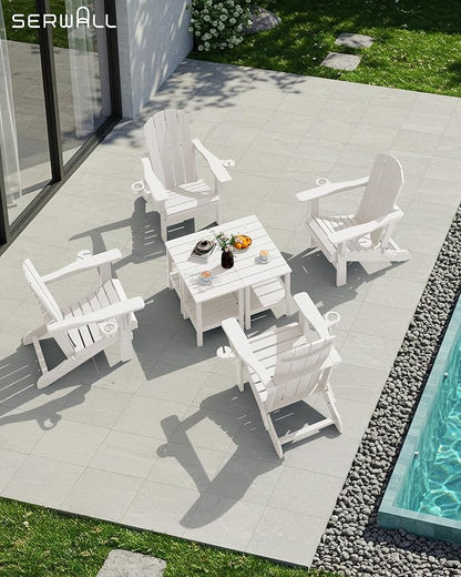SERWALL 2-Tier HDPE Outdoor Side Table with Umbrella Hole, Weatherproof Rectangular Adirondack Side Table, White