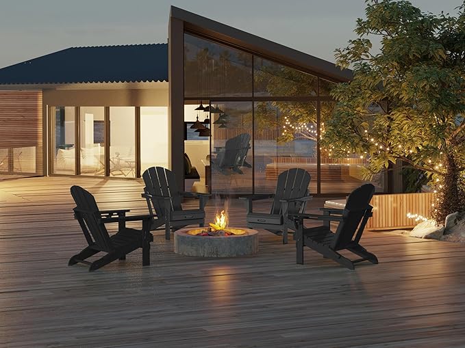 MUCHENGHY Folding Adirondack Chairs 6 Pack, Patio Chairs, Fire Pit Chairs, Outdoor Chairs, Plastic Adirondack Chairs, Lawn Chairs Weather Resistant with Cup Holder for Deck, Backyard, Garden(Black)