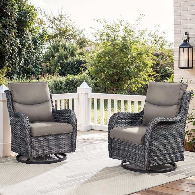 Patio Swivel Chair Set of 2, Resin Wicker Swivel Patio Glider Chairs with Smile-Shaped Cushions, High Back Luxury Swivel Patio Glider Chairs for Outdoor, Grey Wicker|Grey Cushions