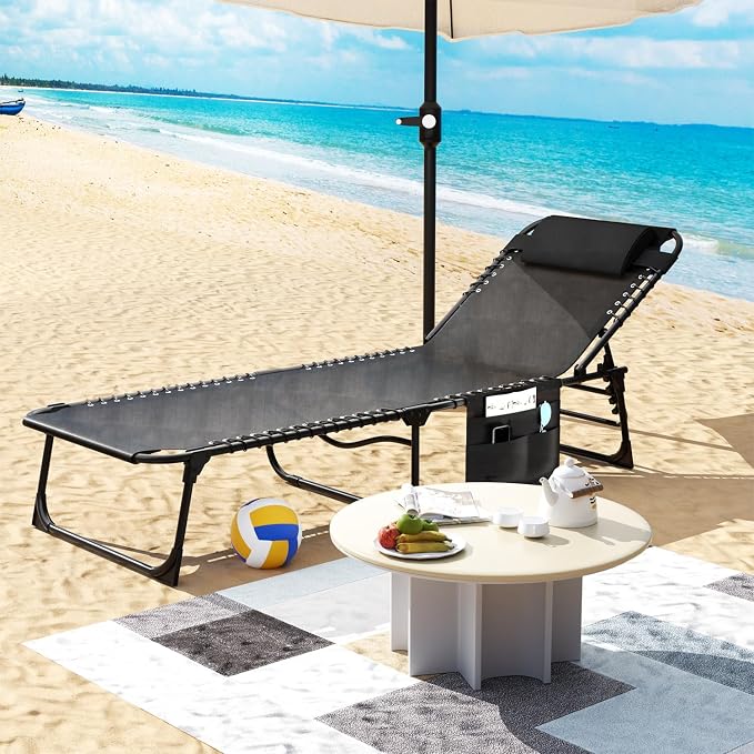 4-Level Reclining Backrest Aluminum Folding Lounge Chair, Outdoor Lounge Chair, Removable Pillow & Side Pocket Design, Breathable Portable Tanning Chair for Poolside, Patio, Backyard, Black