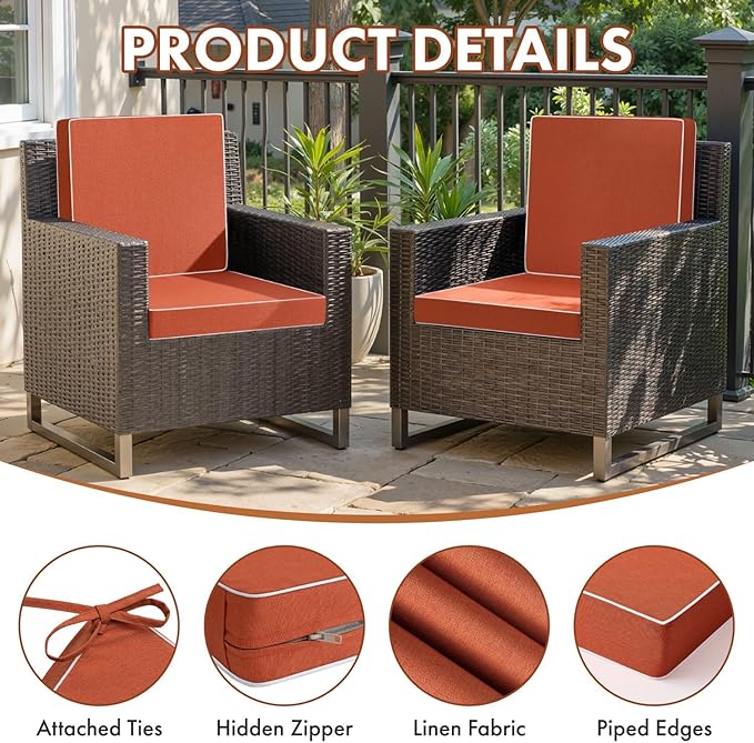 MIULEE Orange Outdoor Chair Cushions Set of 4, 18.5x16x3 Inch Waterproof Patio Seat Cushions for Outdoor Furniture Couch Sofa, 3 Year Color Fastness High Density Foam with Adjustable Ties
