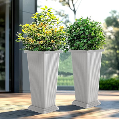 24-Inch Tall Planters Set of 2 for Outdoor and Indoor Use, Tapered Flower Pots with Drainage Tray, Front Porch and Patio Decor, Ideal for Large Plants (Stripes-White)