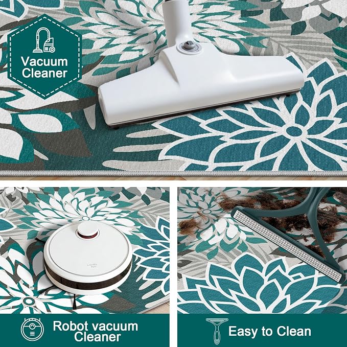 Colorful 3x5 Washable Rug for Living Room Tropical Botanical Modern Floral Chenille Area Rugs Low Pile Non Slip Carpet for Patio, Bedroom, Laundry, Teal